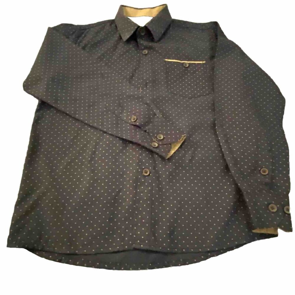 CraftFlow Button Up boys dress Long Sleeve Black Dots front Pockets Cotton size7